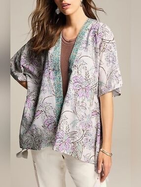 J Jill Botanical Placed-Trim Ruana Kimono  Floral W Tassle Size S-L Retail NWOT
